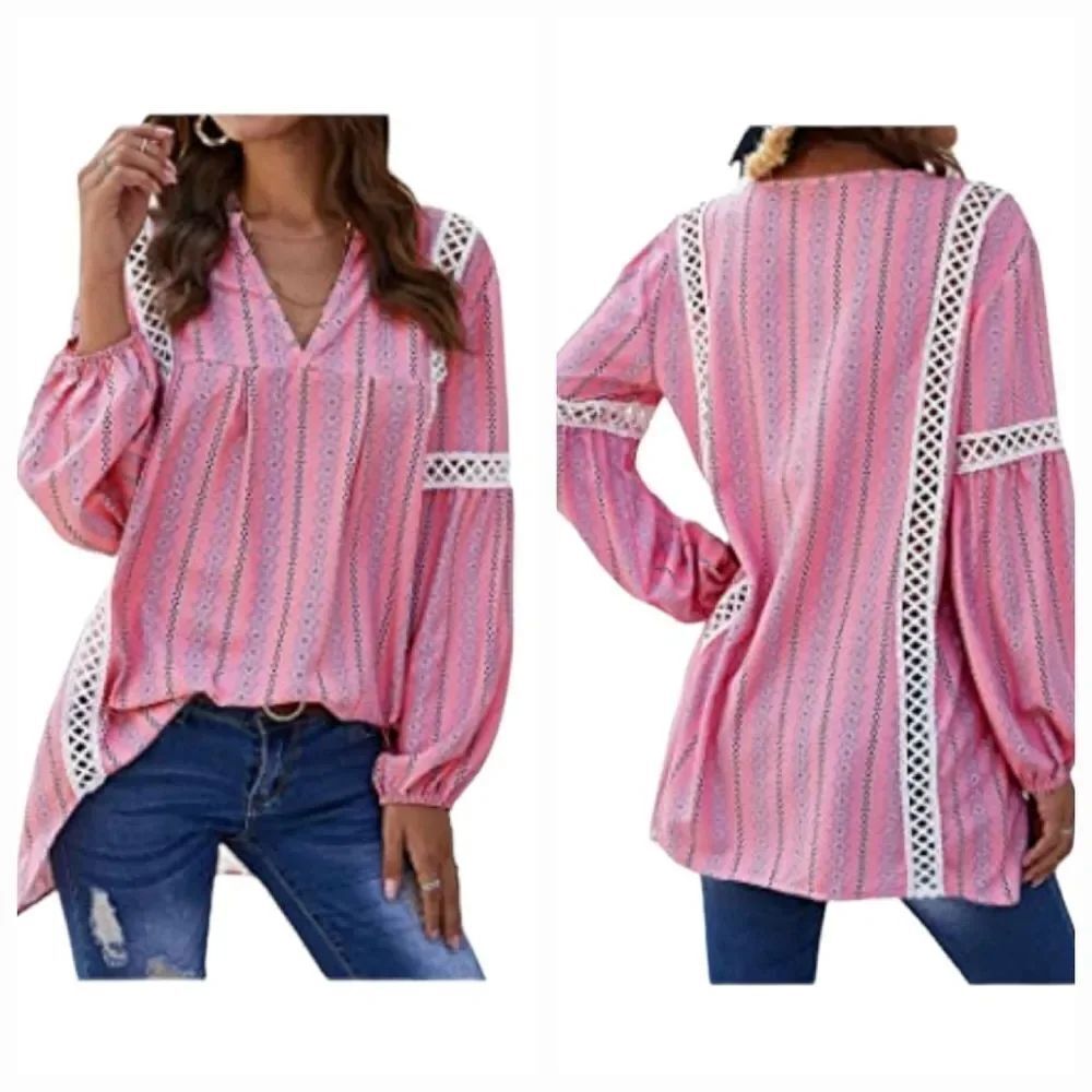 🔹️NWOT Pink & Blue Embroidered Boho Peasant Long Sleeve Top Medium